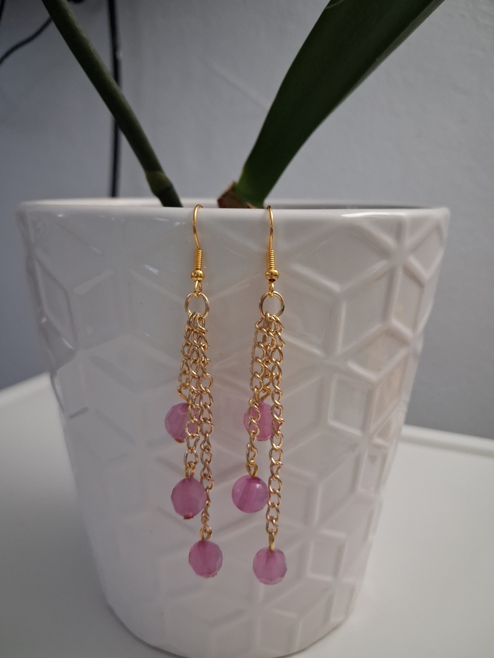 Gold Chain Dangle Earrings with Pink Beads - Women Jewelry